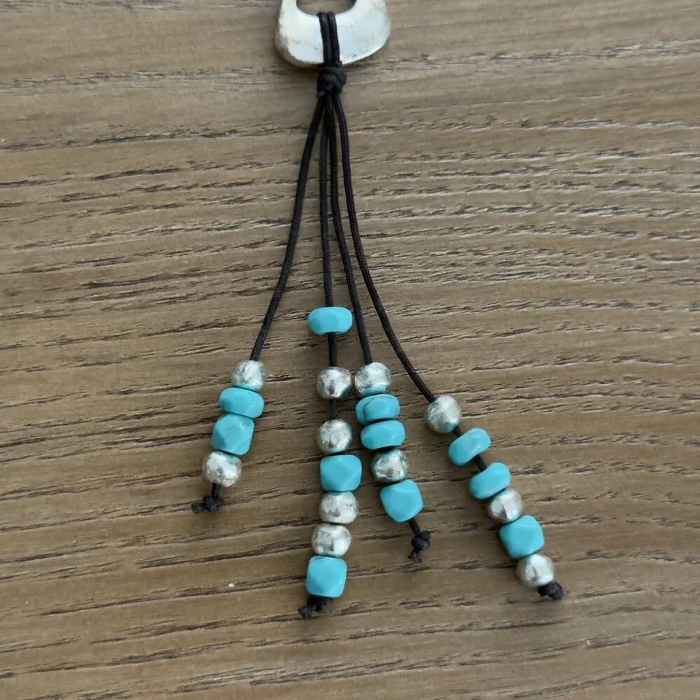 Handmade Black Cord Necklace Silver Tone Turquoise Color Beads Hook Clasp NOTE